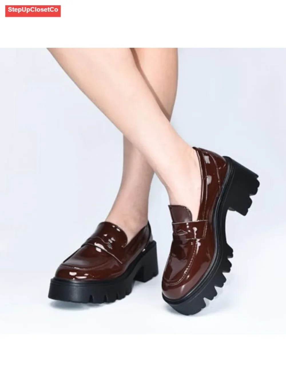 Black Patent Leather Platform Loafers for Women Chunky Slip On Comfort Shoes